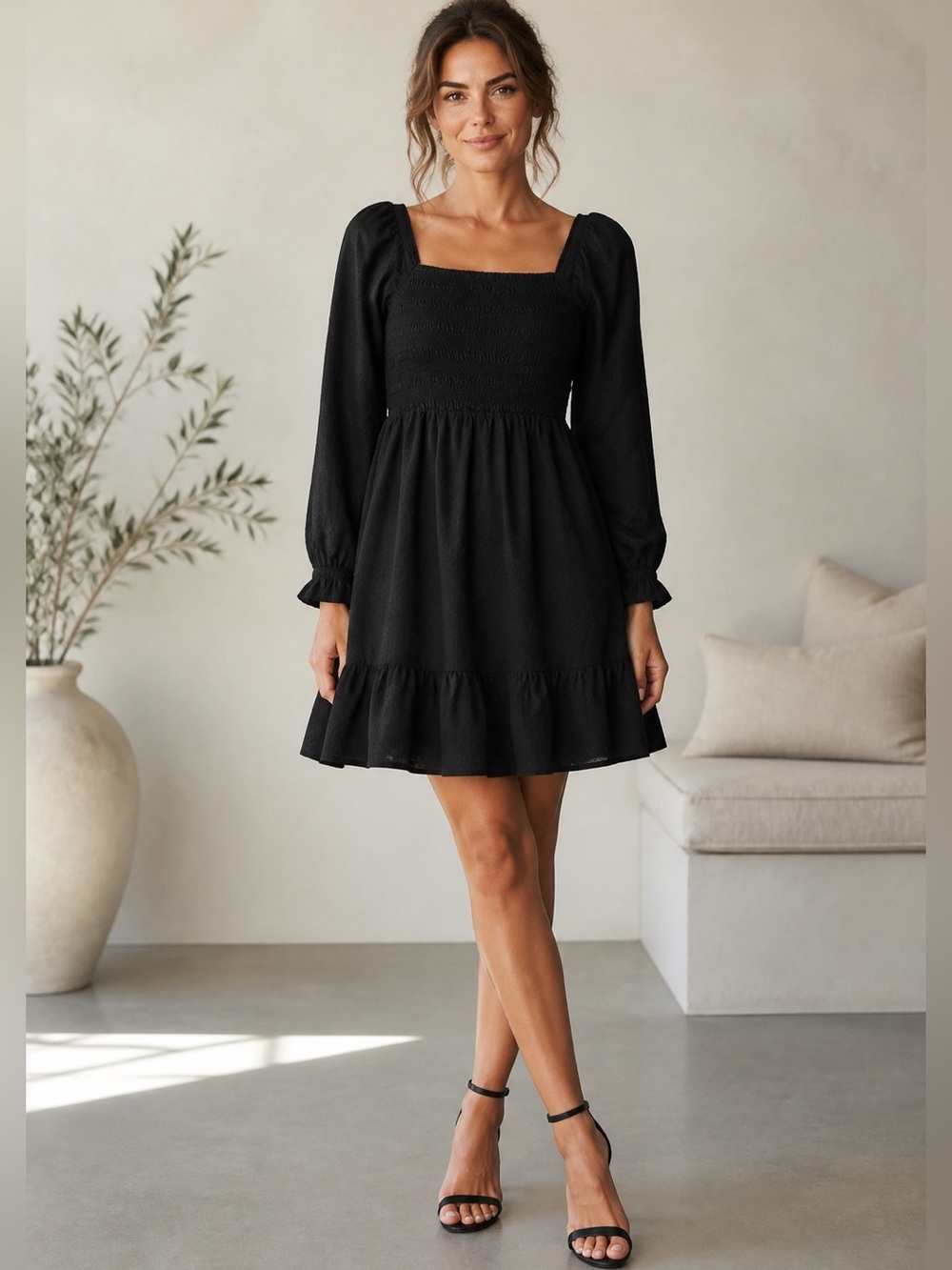 J. Crew Black Smocked Square-Neck Clip-Dot Puff-Sleeve Mini Dress Women’s XXS